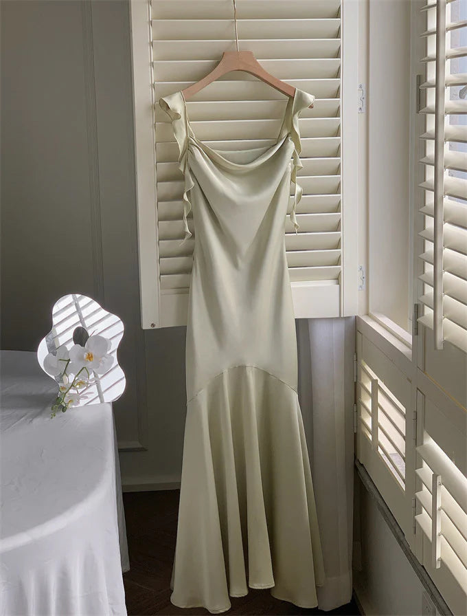 Vintage Sage Green Ruffle Mermaid Satin Long Prom Dress Party Dress Evening Dress TP4495