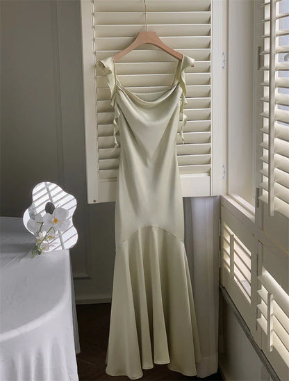 Vintage Sage Green Ruffle Mermaid Satin Long Prom Dress Party Dress Evening Dress TP4495