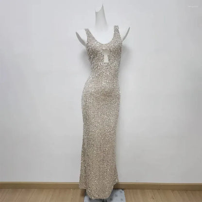Elegant Champagne Glittering Sequin Beaded Halter-neck Mermaid Prom Dress Party Dress Evening Dress TP4501