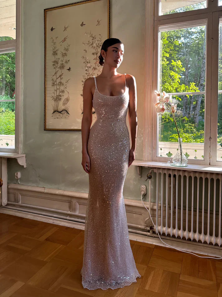 Elegant Pink Glittering Sequin Mermaid Spaghetti Strap Prom Dress Party Dress Evening Dress TP4509