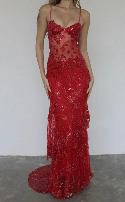 Vintage Shiny Sequined Red Mermaid Lace Applique Spaghetti Strap Long Prom Dress Evening Dress TP4295