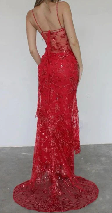 Vintage Shiny Sequined Red Mermaid Lace Applique Spaghetti Strap Long Prom Dress Evening Dress TP4295