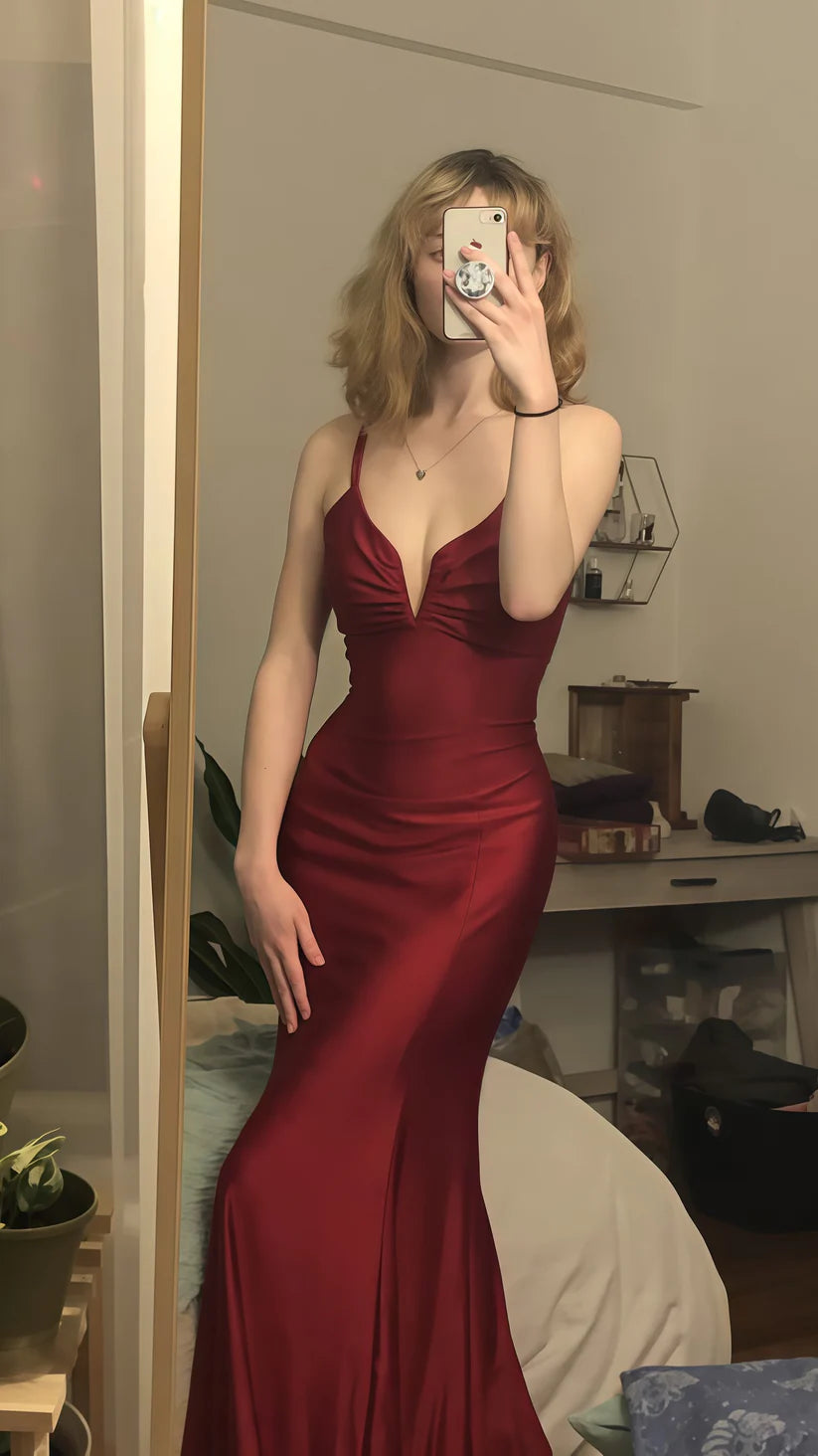 Glamorous Burgundy Satin V-Neck Sheath Evening Gown Prom Dress TP5232