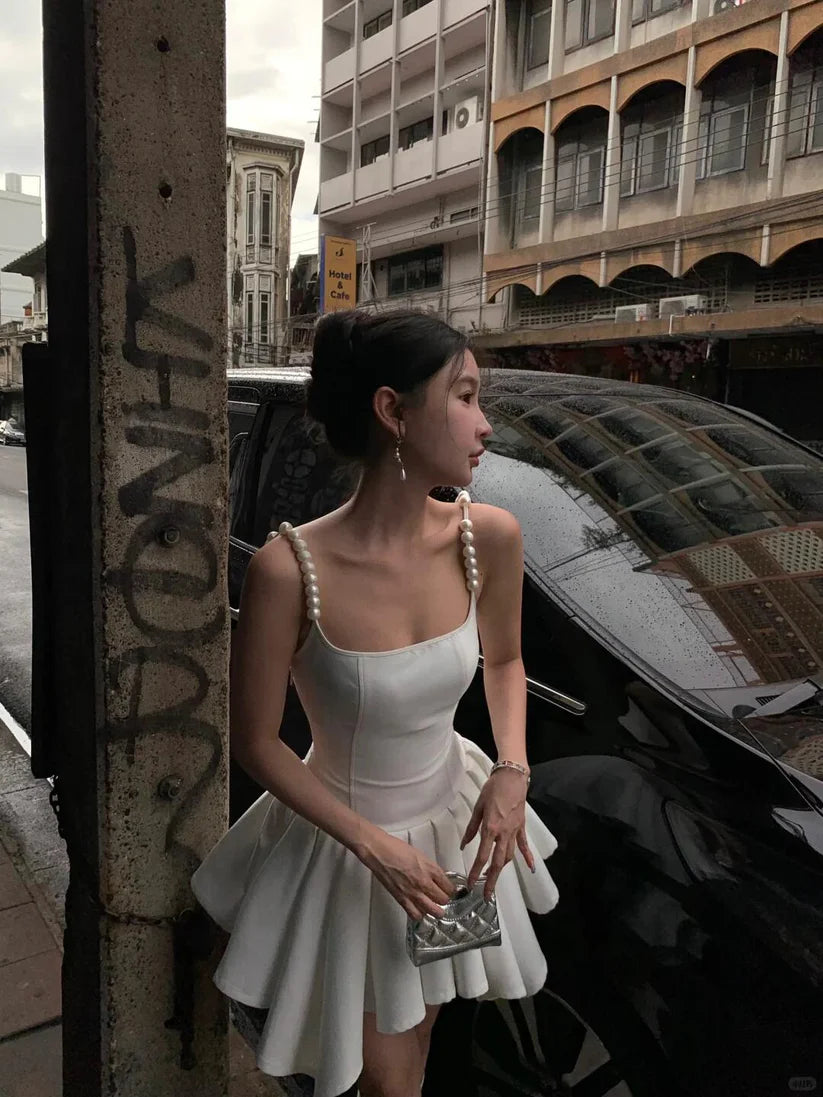 Vintage White Pearl Strap Square Neck Irregular Hem Ruffle A-Line Homecoming Dress TP5940
