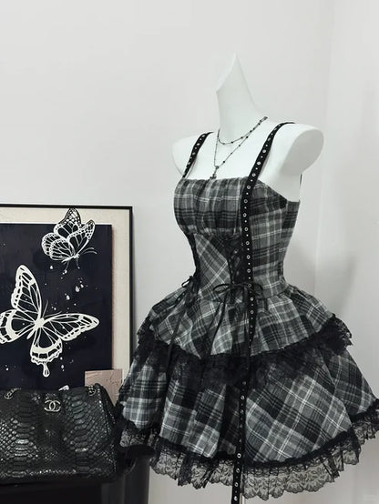 Vintage Black Plaid Design A-line Mini 15th Birthday Party Dress Tiered Homecoming Dress TP4046