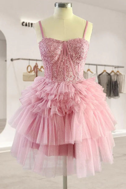 Fashion Pink Lace Ruffled Hem Design Homecoming Dresses Tiered Mini Party Dress TP3514