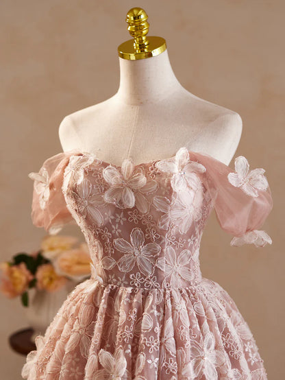 Vintage Pink 3D Flower Design A-line Off-the-shoulder Homecoming Dress TP3409