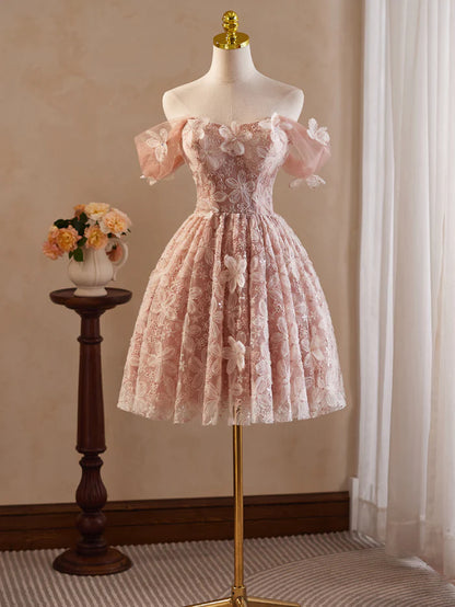 Vintage Pink 3D Flower Design A-line Off-the-shoulder Homecoming Dress TP3409