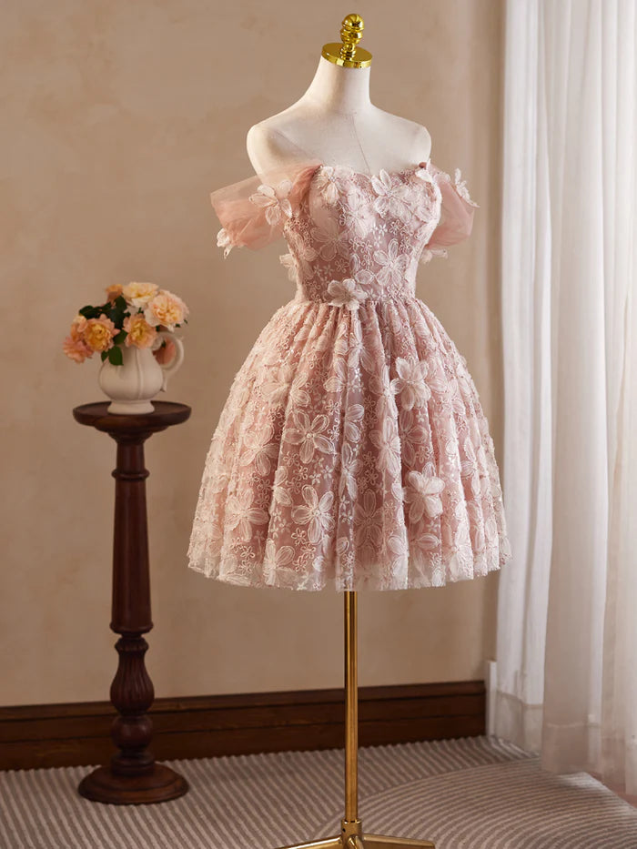 Vintage Pink 3D Flower Design A-line Off-the-shoulder Homecoming Dress TP3409