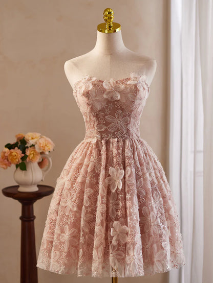 Vintage Pink 3D Flower Design A-line Off-the-shoulder Homecoming Dress TP3409