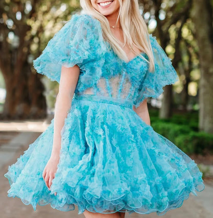 Vintage Sky Blue Off-the-Shoulder Puff Sleeve Tiered Tulle Floral A-Line Homecoming Dress TP6030