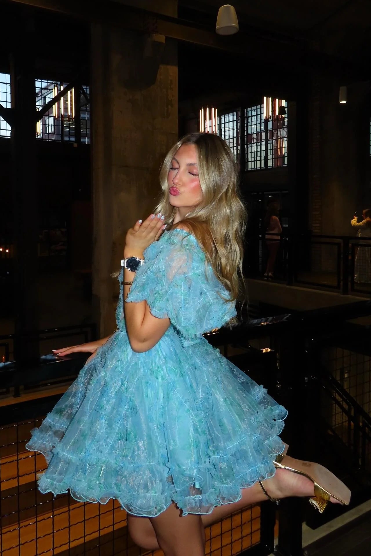 Vintage Sky Blue Off-the-Shoulder Puff Sleeve Tiered Tulle Floral A-Line Homecoming Dress TP6030