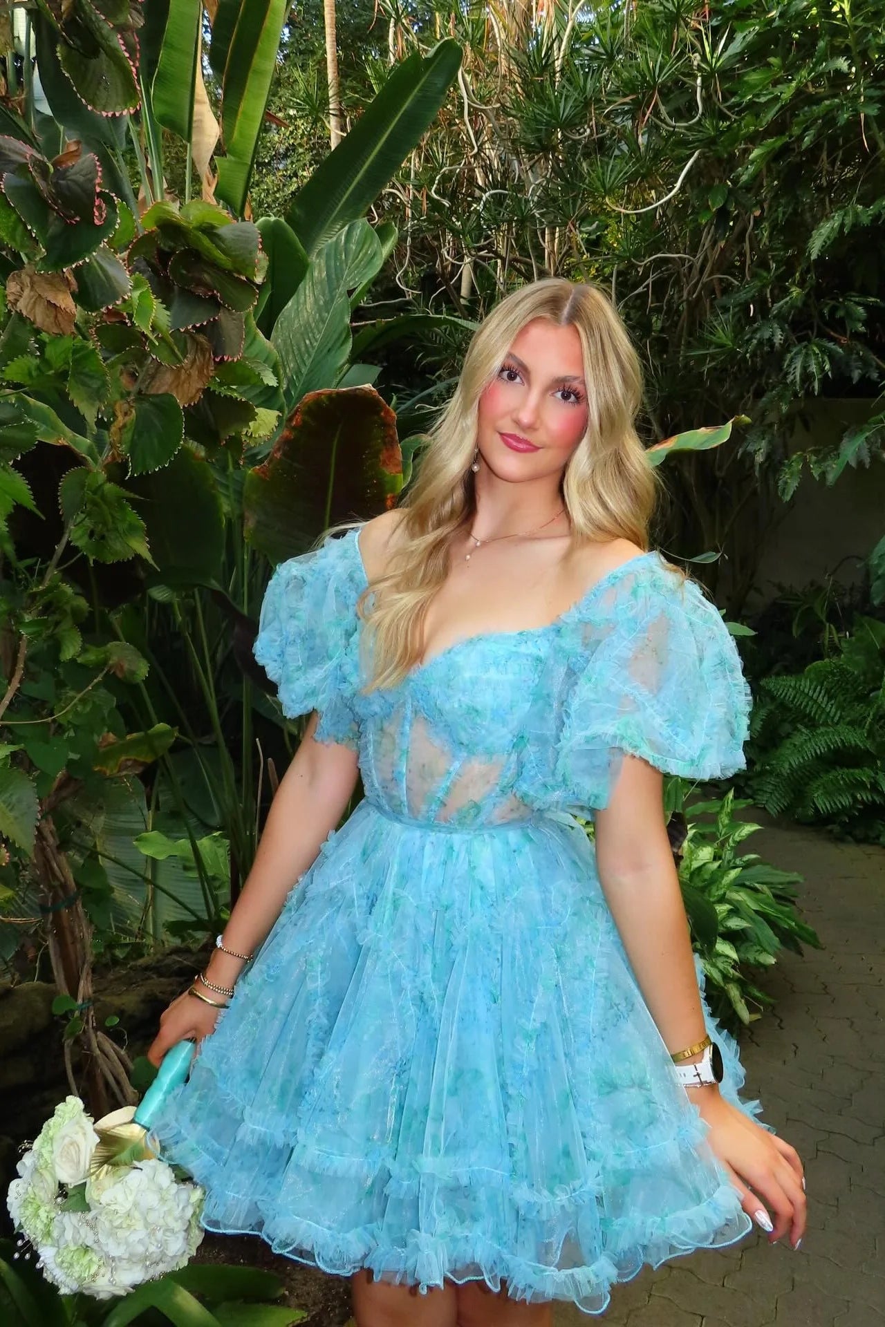 Vintage Sky Blue Off-the-Shoulder Puff Sleeve Tiered Tulle Floral A-Line Homecoming Dress TP6030