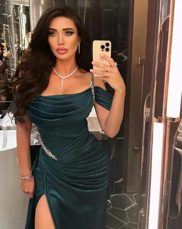Elegant Mermaid Spaghetti Strap Prom Dress Pleated High Slit Evening Gown Party Dress Long Formal Dress TP4815