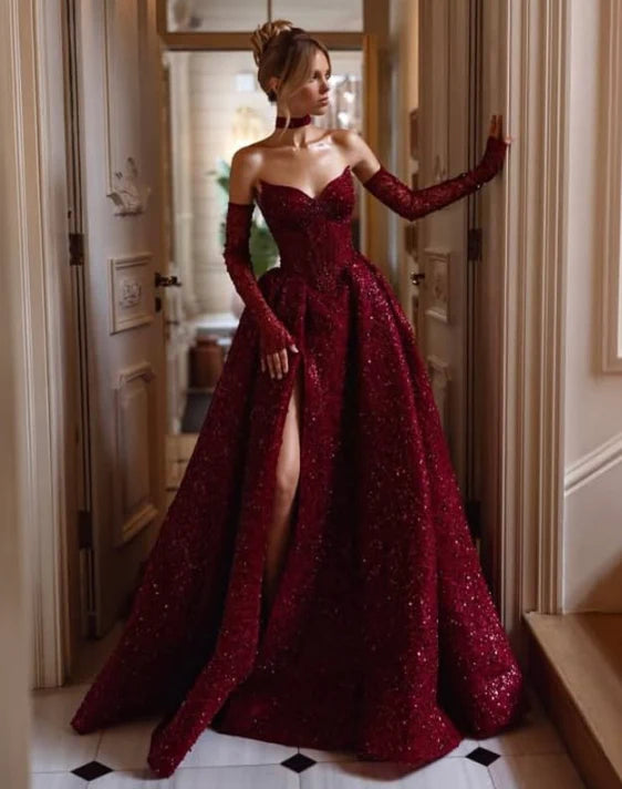 Vintage Sweetheart Burgundy Shiny Sequin Strapless Design A-Line Evening Dress Prom Dress TP4127