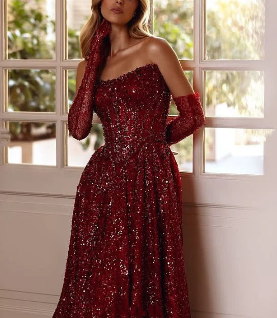 Vintage Sweetheart Burgundy Shiny Sequin Strapless Design A-Line Evening Dress Prom Dress TP4127