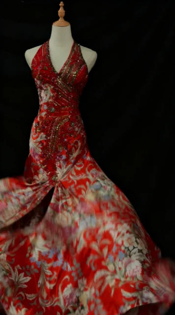 Elegant Floral V-neck Mermaid Evening Gown Beaded Halter-neck Party Dress Long Formal Dress TP4963