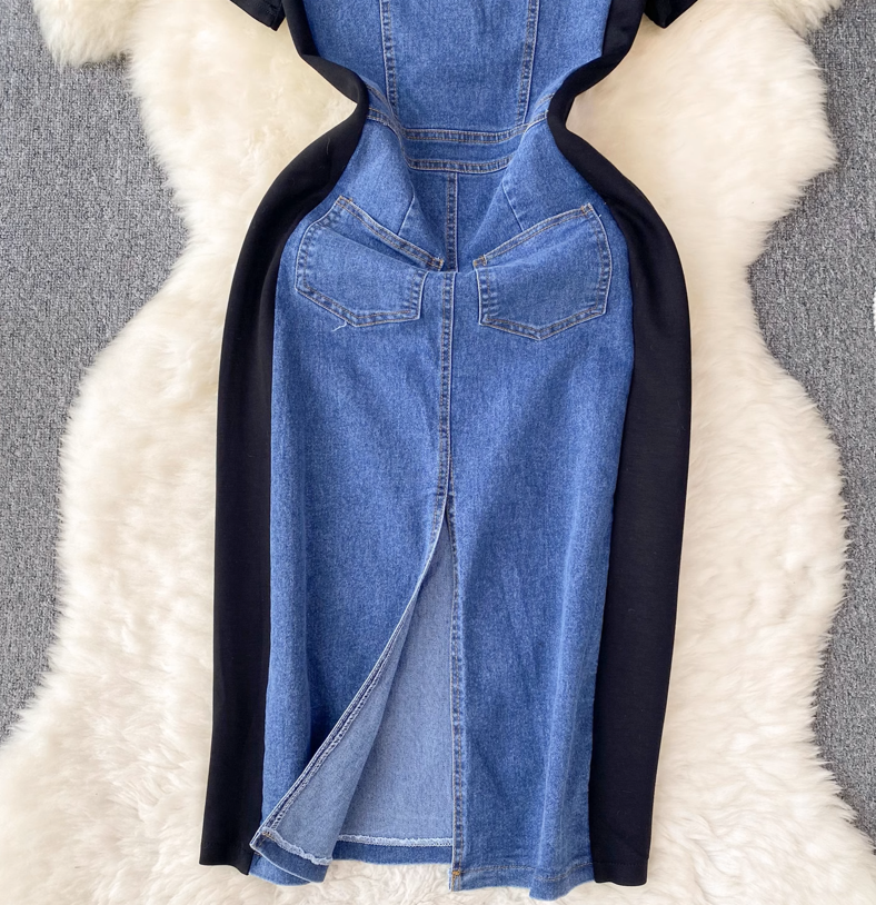 Fashion Design Sense Crew Neck Short Sleeve Patchwork Denim Dress TP2829