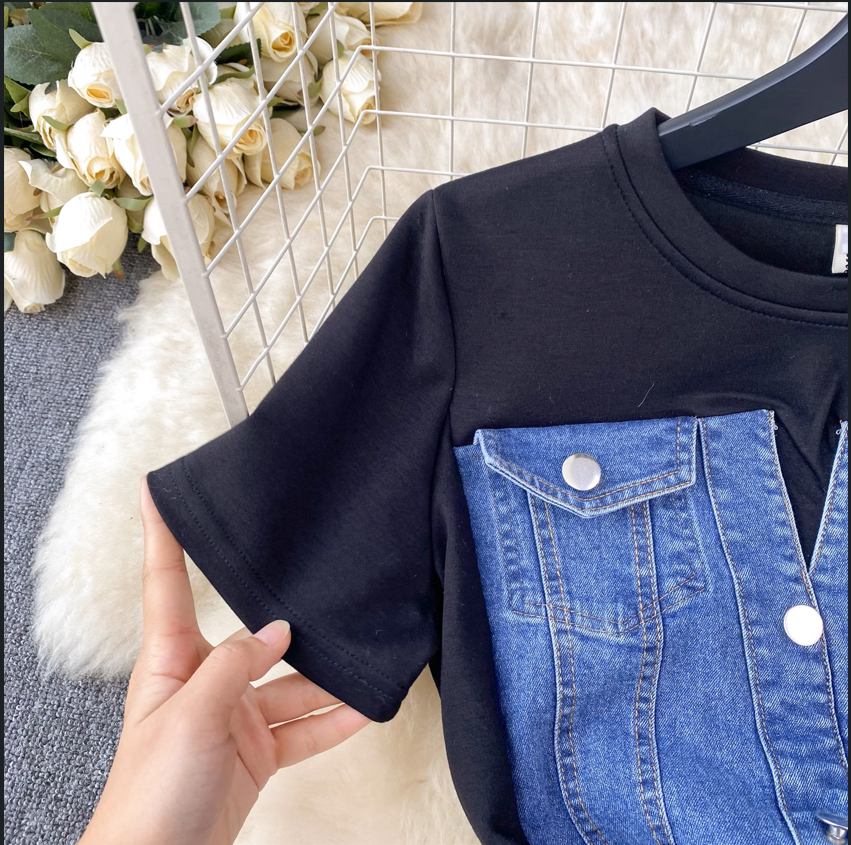 Fashion Design Sense Crew Neck Short Sleeve Patchwork Denim Dress TP2829