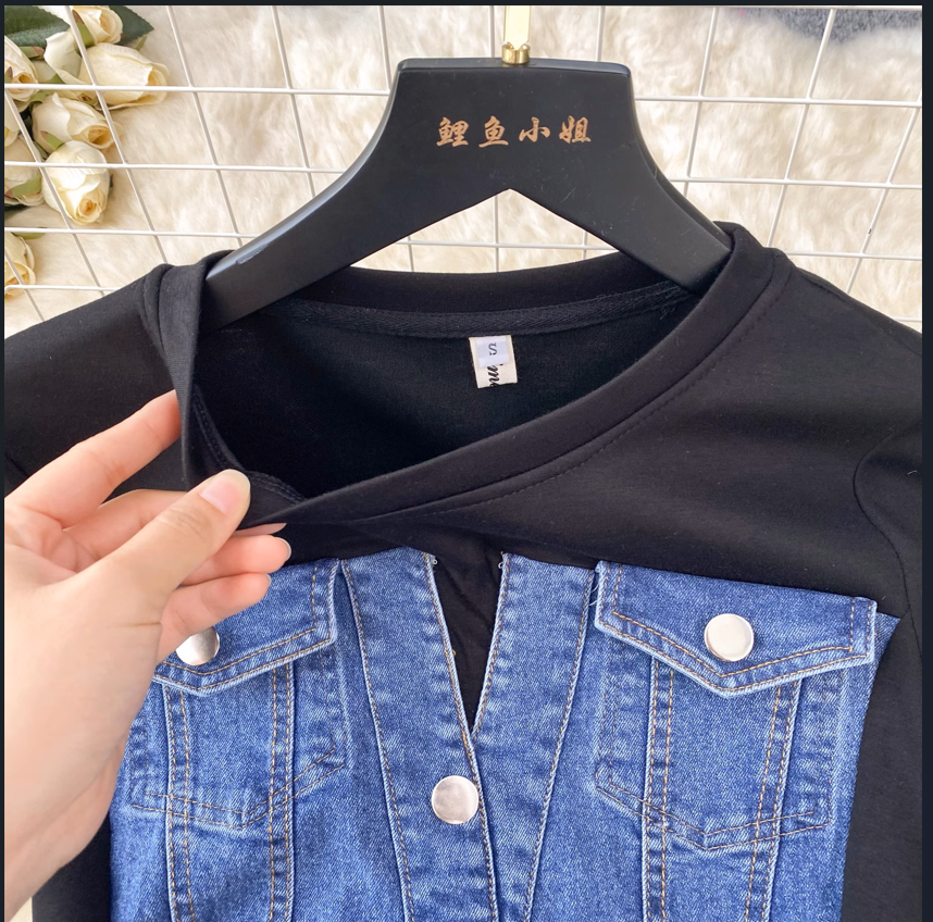 Fashion Design Sense Crew Neck Short Sleeve Patchwork Denim Dress TP2829