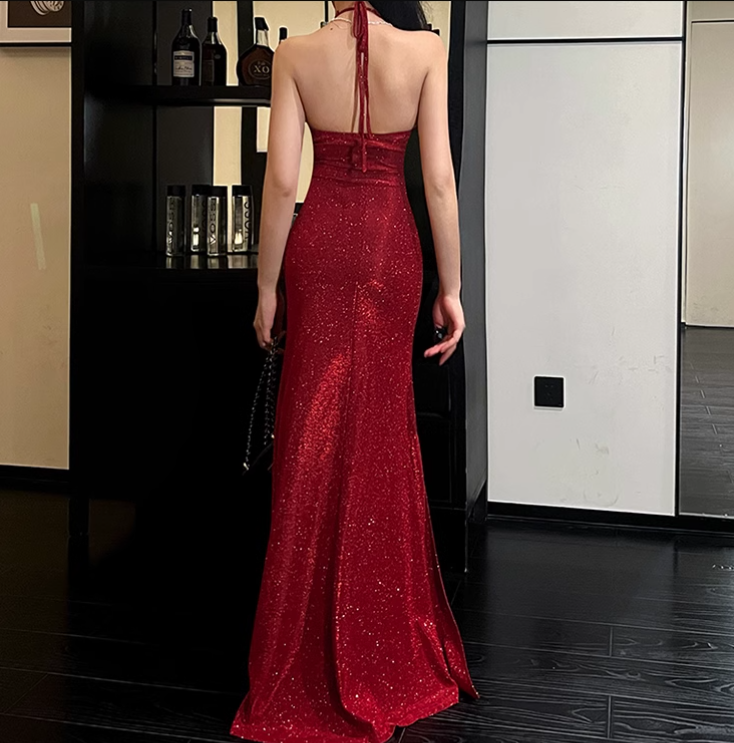 Simple sexy Sparkling Deep V-neck Halter Dress TP2867