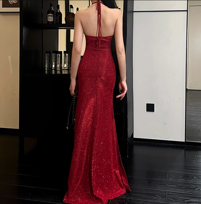 Simple sexy Sparkling Deep V-neck Halter Dress TP2867