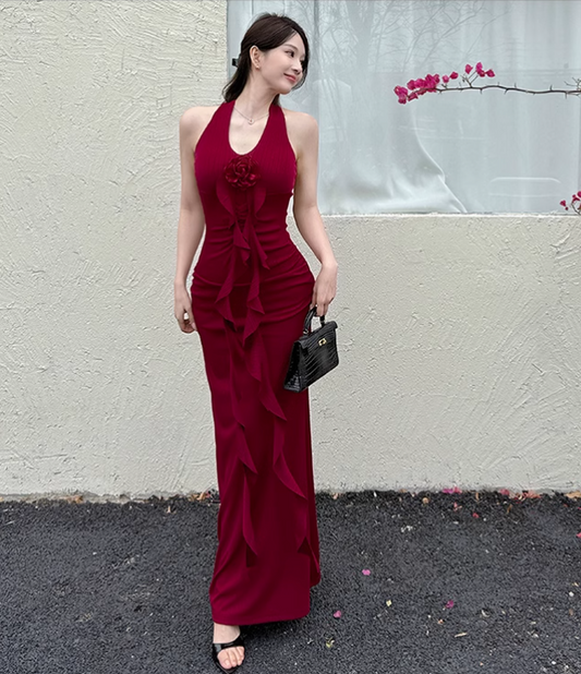 New Simple Red Halter Dress Elegant Party Evening Dress TP2873