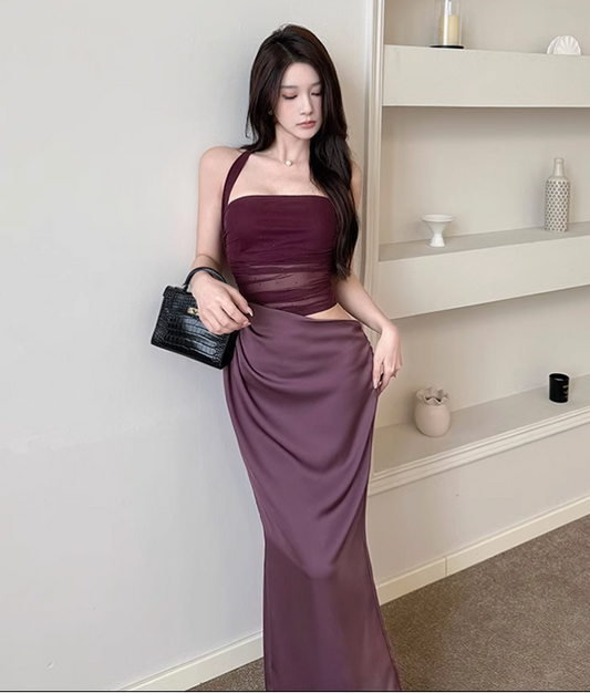 New Chic Holiday Style Mesh Patchwork Halter Slim Dress TP2875