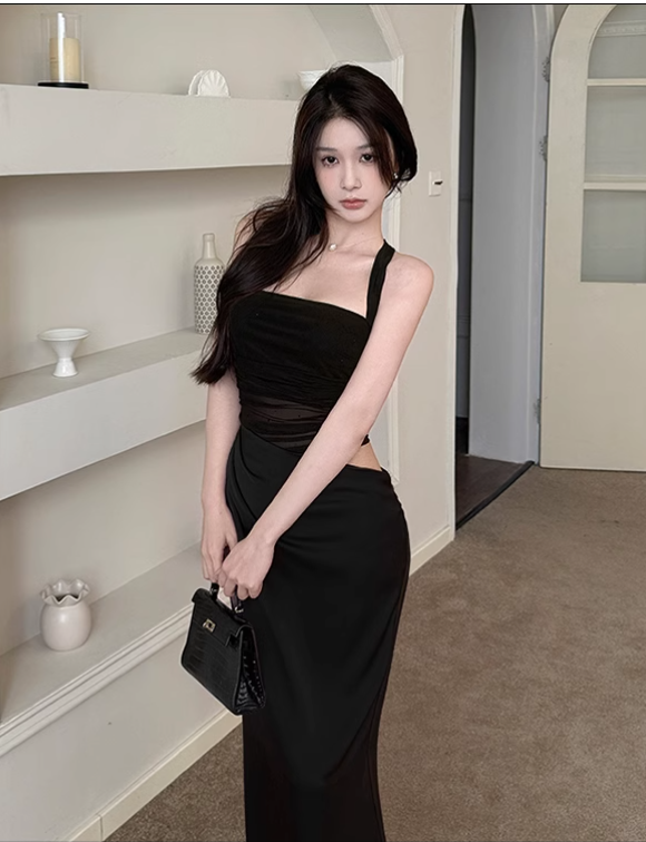 New Chic Holiday Style Mesh Patchwork Halter Slim Dress TP2875