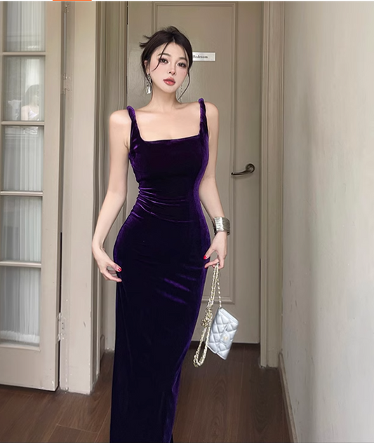 Simple Elegant Purple Velvet Slim-fit Spaghetti Strap Dress TP2876