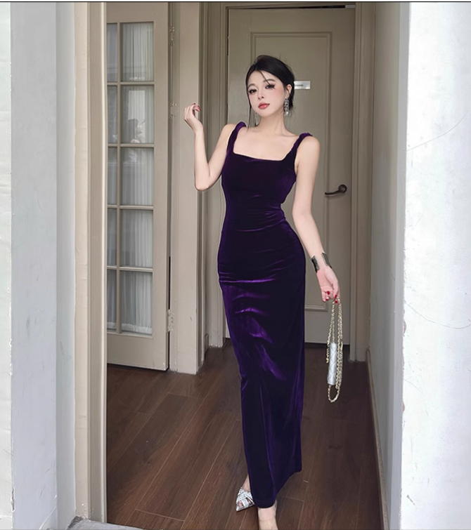 Simple Elegant Purple Velvet Slim-fit Spaghetti Strap Dress TP2876
