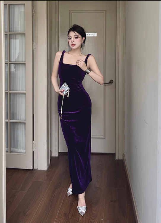 Simple Elegant Purple Velvet Slim-fit Spaghetti Strap Dress TP2876