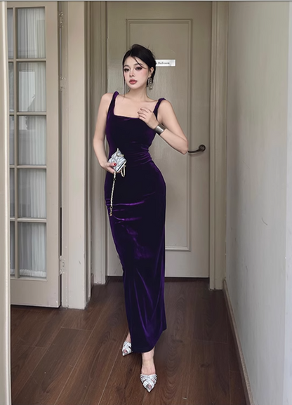 Simple Elegant Purple Velvet Slim-fit Spaghetti Strap Dress TP2876