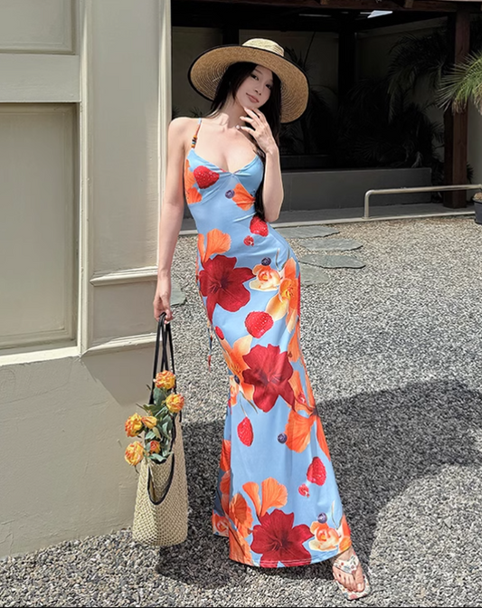 New Simple Holiday Floral Print Dress Sexy Spaghetti Strap Dress TP2884