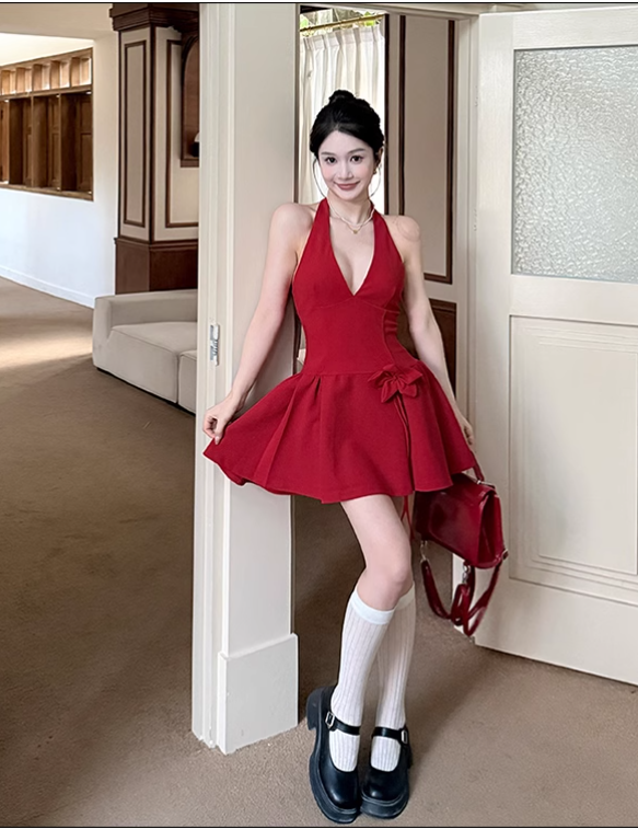 New French Black Sexy Elegant Halter Dress TP2896