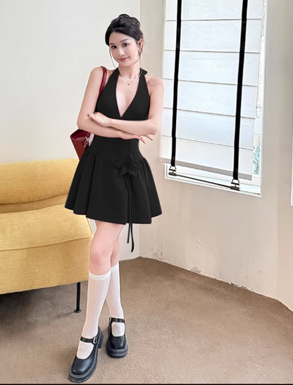 New French Black Sexy Elegant Halter Dress TP2896