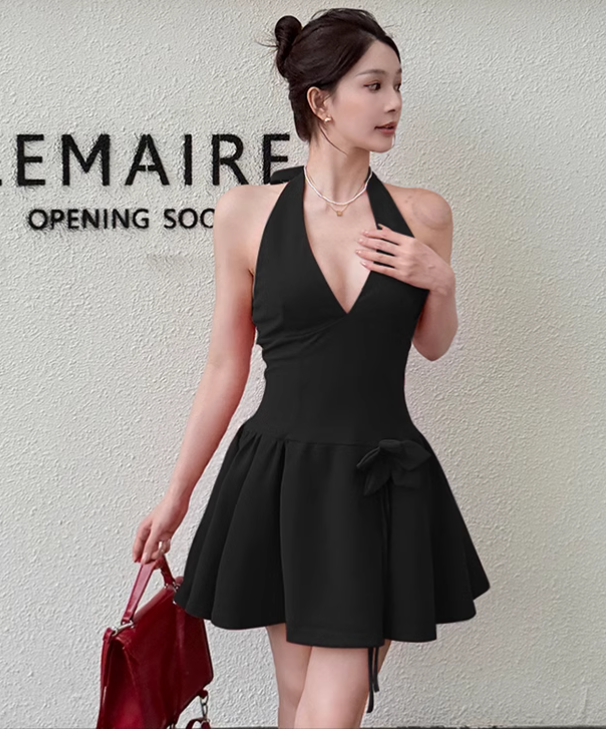 New French Black Sexy Elegant Halter Dress TP2896