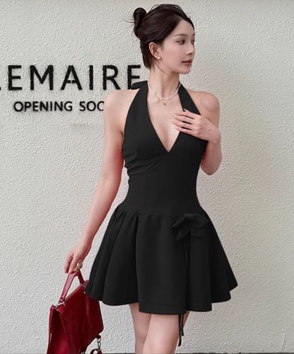New French Black Sexy Elegant Halter Dress TP2896