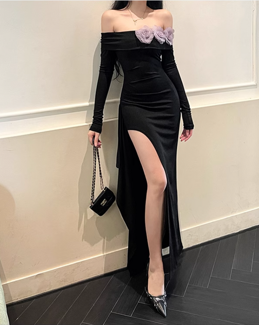 Women Simple Fashion Purple Flowers Black Long-sleeved Dress TP2903