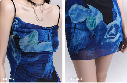 New Fashion Blue Style Short Slim Spaghetti Strap Dress TP2954