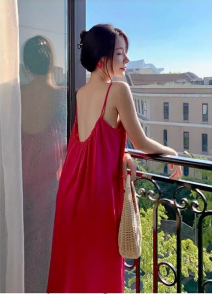 New Fashion Rose Pink Sleeveless Backless Beach Loose Spaghetti Strap Dress TP2982