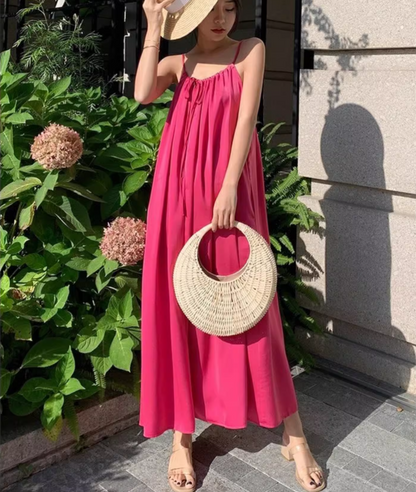 New Fashion Rose Pink Sleeveless Backless Beach Loose Spaghetti Strap Dress TP2982
