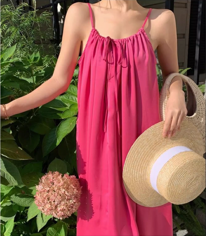 New Fashion Rose Pink Sleeveless Backless Beach Loose Spaghetti Strap Dress TP2982