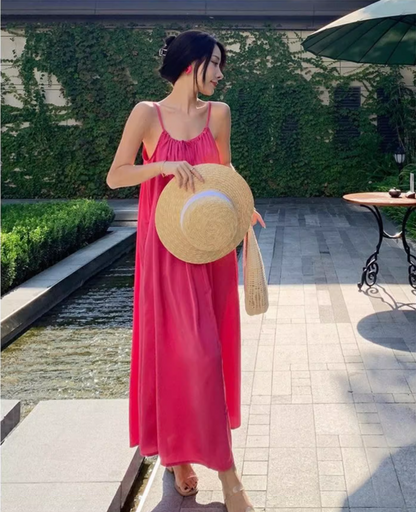 New Fashion Rose Pink Sleeveless Backless Beach Loose Spaghetti Strap Dress TP2982