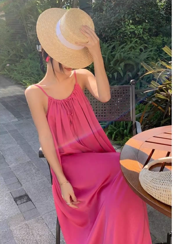 New Fashion Rose Pink Sleeveless Backless Beach Loose Spaghetti Strap Dress TP2982
