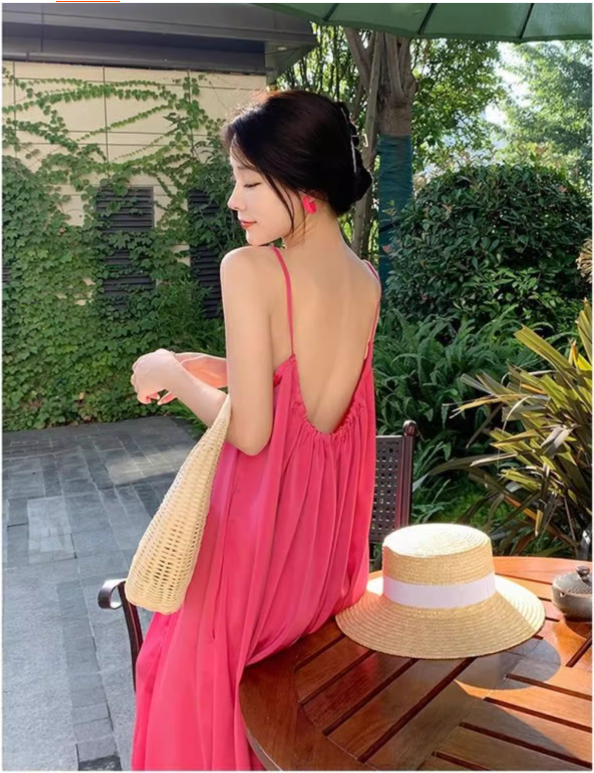 New Fashion Rose Pink Sleeveless Backless Beach Loose Spaghetti Strap Dress TP2982