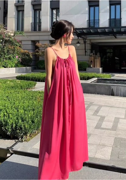 New Fashion Rose Pink Sleeveless Backless Beach Loose Spaghetti Strap Dress TP2982