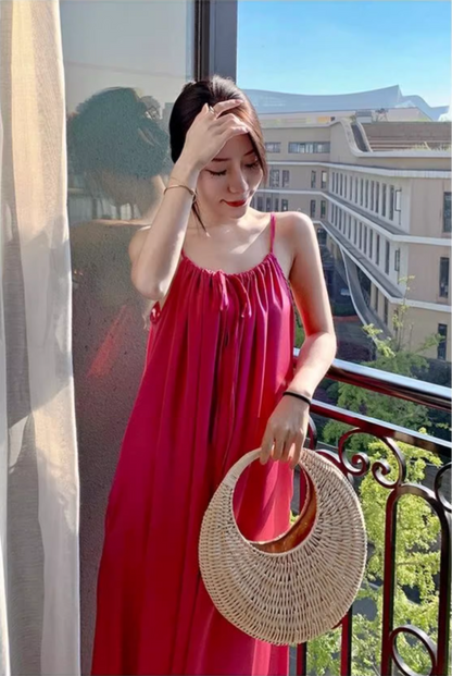 New Fashion Rose Pink Sleeveless Backless Beach Loose Spaghetti Strap Dress TP2982