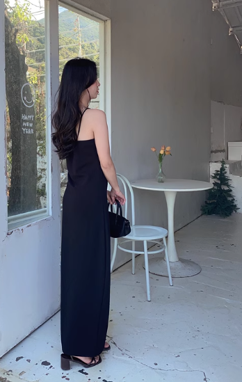 Elegant Fashion Black Sleeveless Spaghetti Strap Dress TP2975