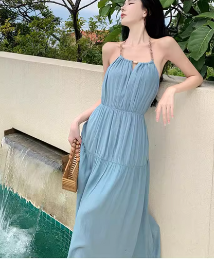 New ashion Light Blue Sleeved Backless Beach Halter Dress TP2974